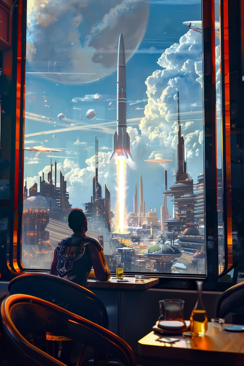 A digital illustration depicts a person sitting at a table in a futuristic restaurant, looking out a large window at a rocket launching from a sprawling sci-fi city. The scene features a bright blue sky with a large planet, flying vehicles, and towering structures.