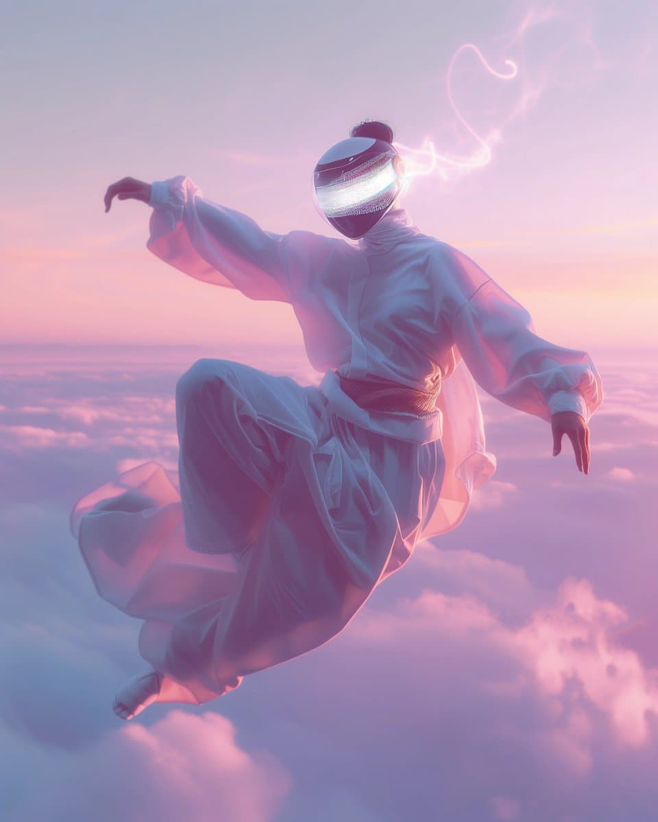 A digital illustration of a figure in flowing white robes and a reflective visor, floating gracefully above a sea of clouds at sunset. The figure's hair is tied in a topknot, and wisps of light or smoke trail from their head.