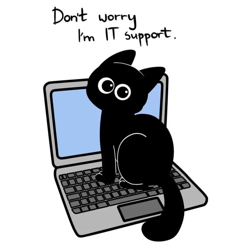 A cartoon illustration of a black cat with wide eyes sitting on a laptop keyboard, with its tail hanging off the side. Handwritten text above the cat reads, 'Don't worry I'm IT support.'