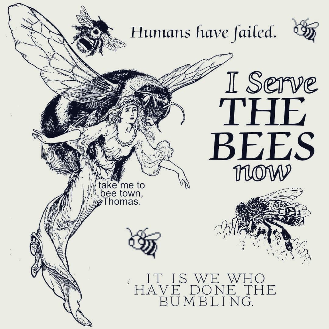 A black-and-white illustrated meme featuring a fairy riding a giant bumblebee, surrounded by smaller bees and humorous text. The image parodies the 'I Serve The Bees' internet meme with a fantasy twist.