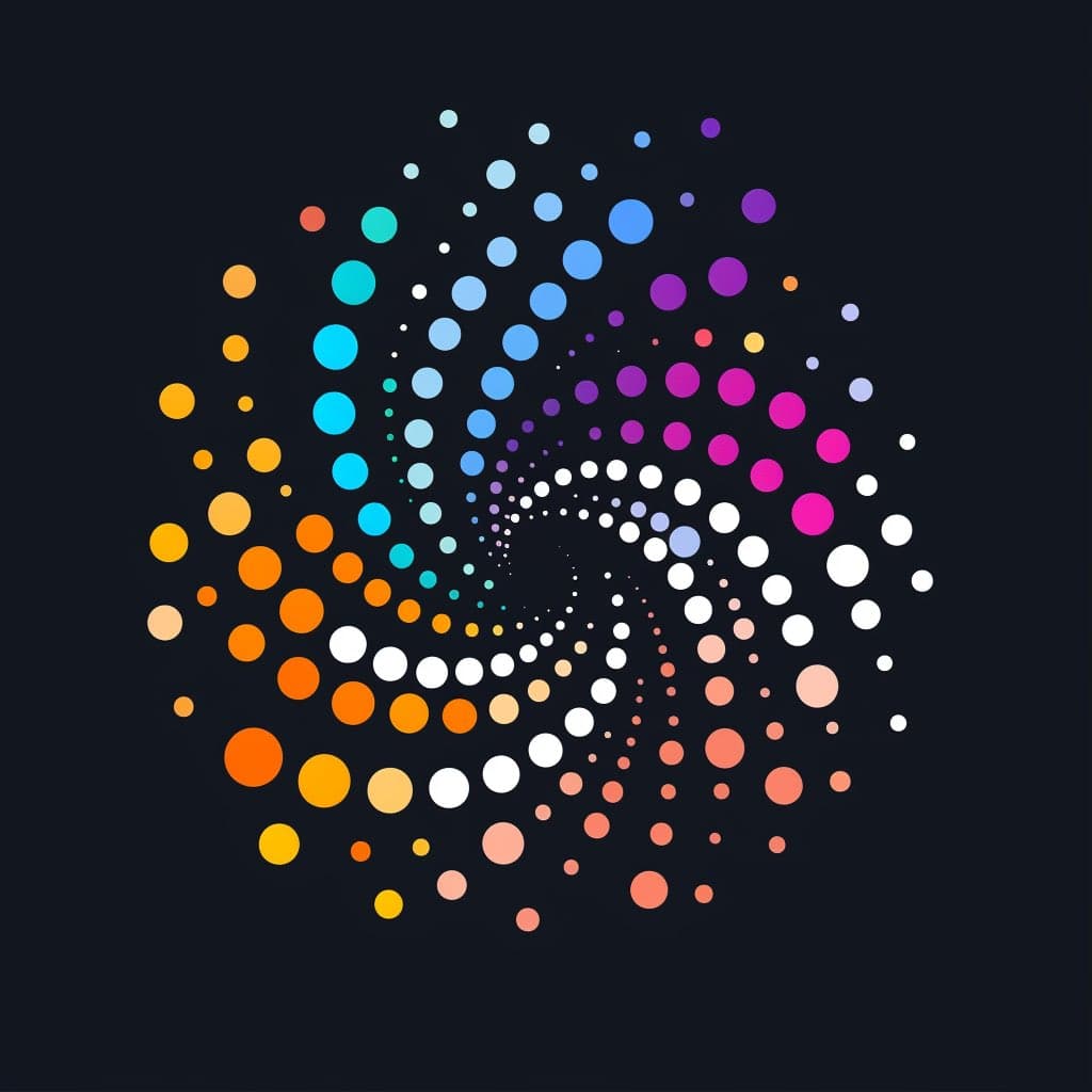 A digital graphic featuring a circular arrangement of multicolored dots on a dark background, resembling a logo concept. The dots vary in size and color, creating a vibrant, abstract pattern.