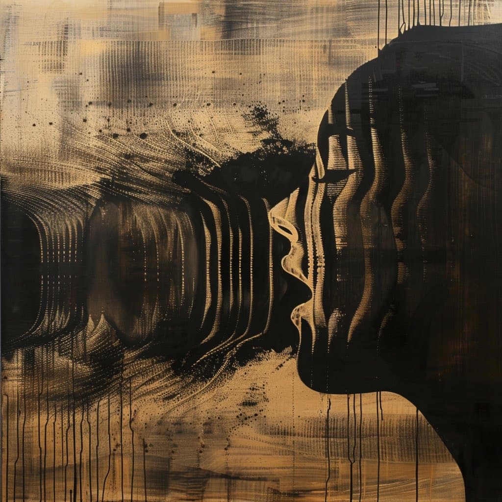 An abstract painting featuring a dark, textured silhouette of a human profile facing left against a background of golden-brown and black brushstrokes. The artwork uses layered, striated lines to create depth and form, with vertical drips of black paint running down the lower portion of the canvas.