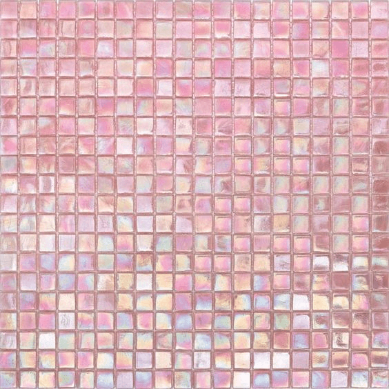 A close-up view of a surface covered in small, square mosaic tiles. The tiles feature an iridescent finish with a color palette of soft pinks, whites, and subtle hints of blue and gold, creating a shimmering, textured appearance.
