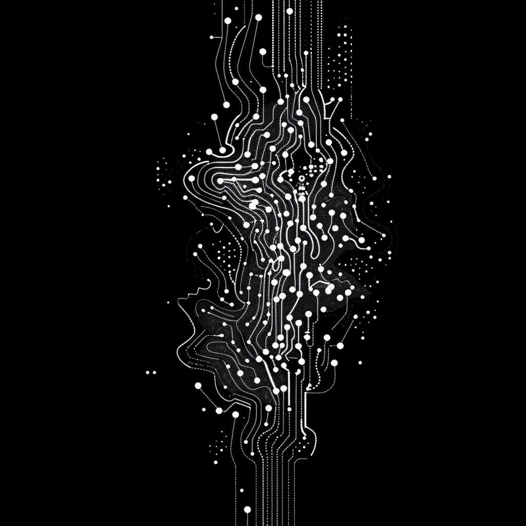A black-and-white abstract digital illustration featuring a central, vertical formation of white lines and dots that resembles a circuit board or neural network. The intricate pattern is set against a solid black background, creating a high-contrast, technological aesthetic.