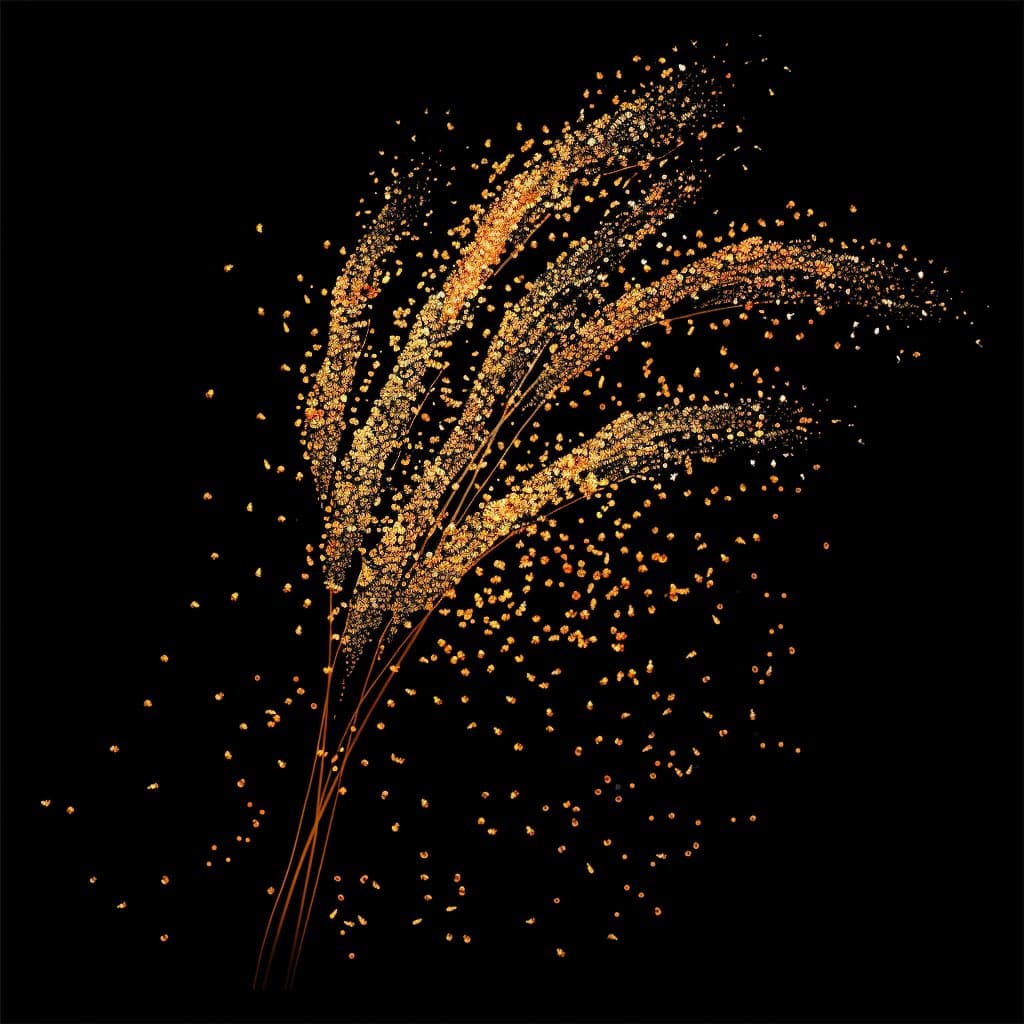 A digital artwork depicting a stalk of wheat or grass formed by glowing golden particles against a solid black background. The particles appear to be dissolving or scattering from the main structure, creating a sparkling, ethereal effect.
