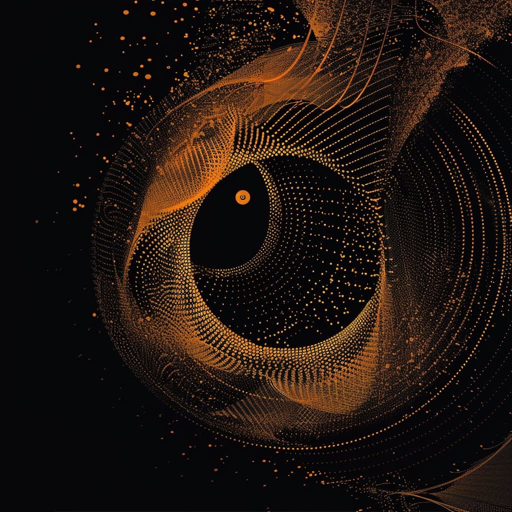 An abstract digital artwork featuring a large, stylized eye formed by swirling streams of orange and gold dots against a black background. The composition creates a sense of motion and depth, with the pupil represented by a small, glowing orange circle.