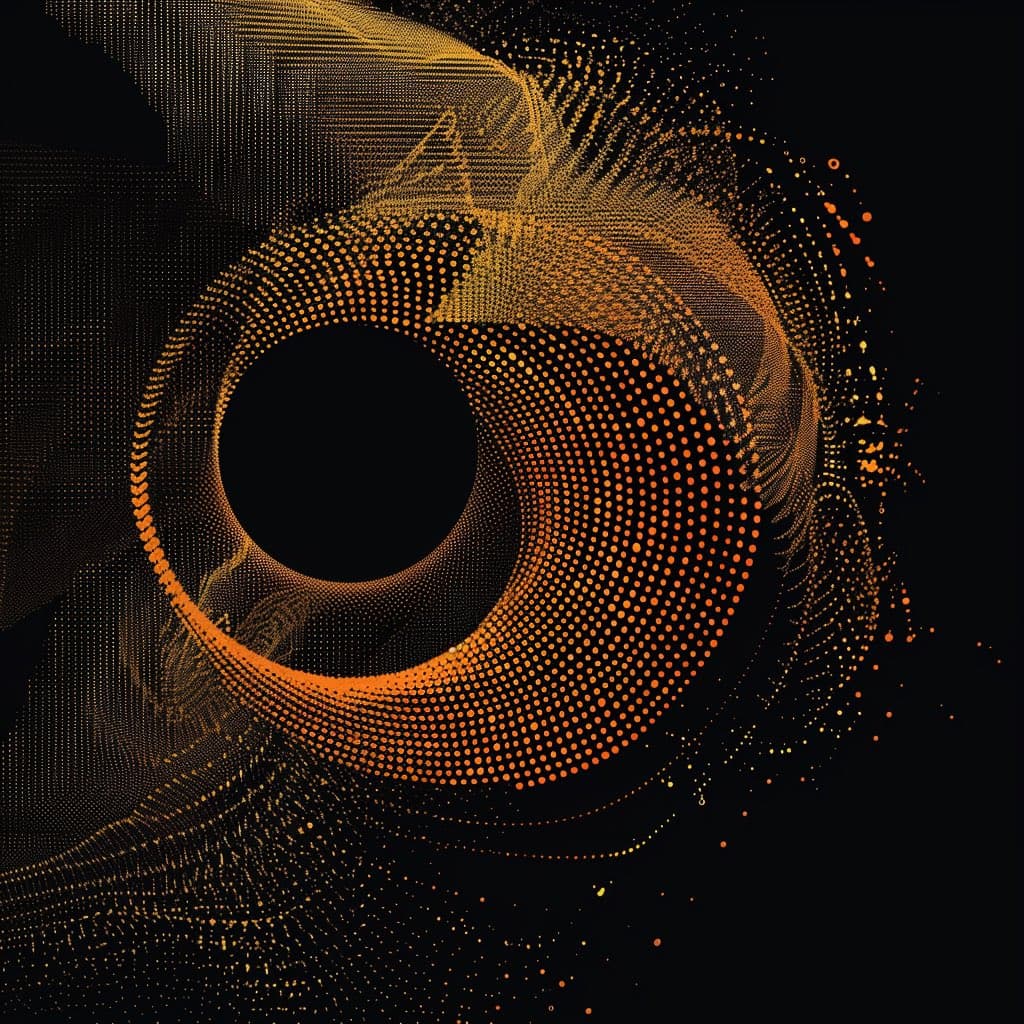 An abstract digital artwork featuring a swirling, vortex-like formation of orange and yellow dots against a black background. The particles create a sense of motion and depth, resembling a tunnel or a cosmic phenomenon.