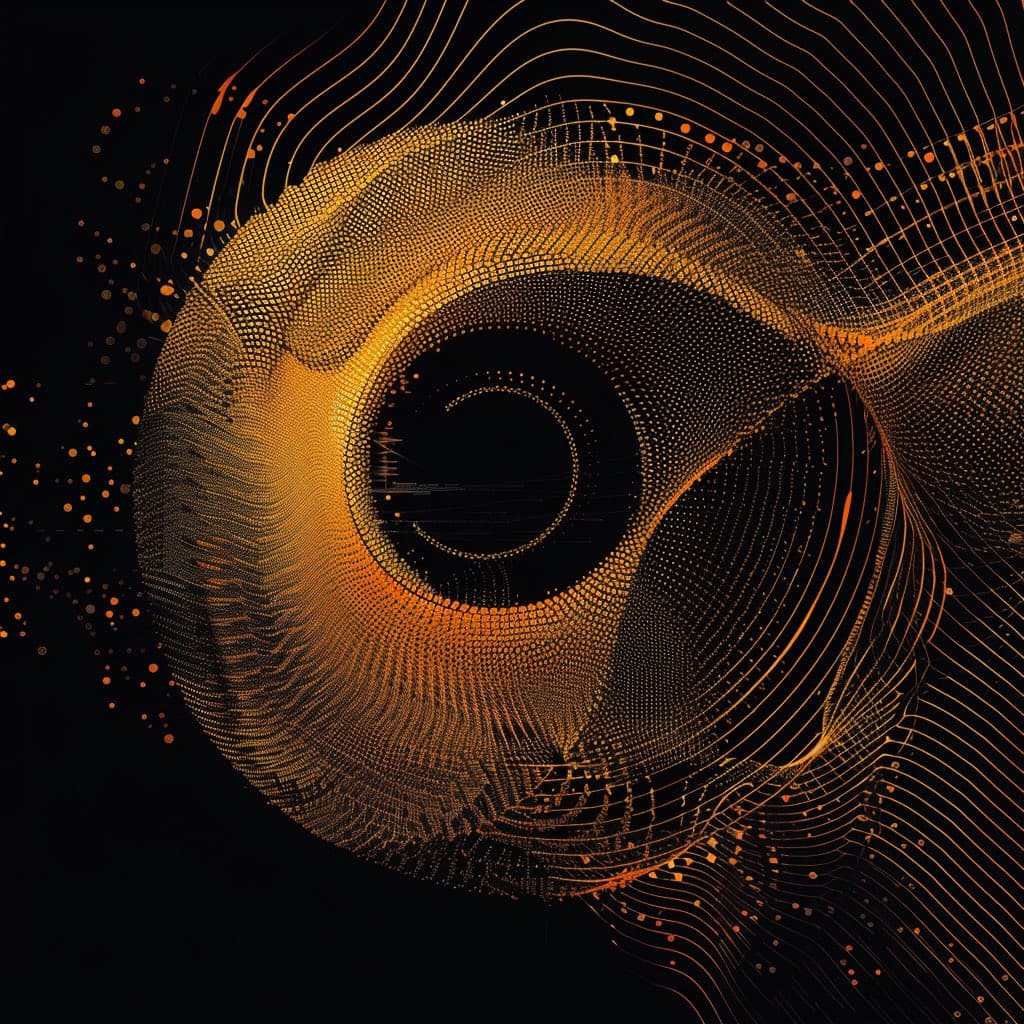 An abstract digital artwork featuring a swirling, vortex-like structure made of golden and orange dots and lines against a black background. The design evokes a sense of motion and depth, resembling a tunnel or a whirlpool of light particles.