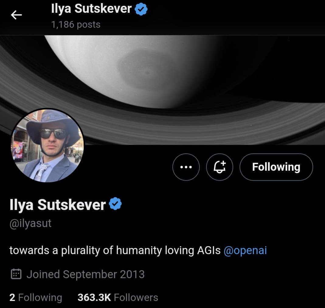 A screenshot of the Twitter profile page for Ilya Sutskever, showing his profile picture, bio, and follower count. The profile picture is a black-and-white photo of a man wearing a hat and sunglasses.