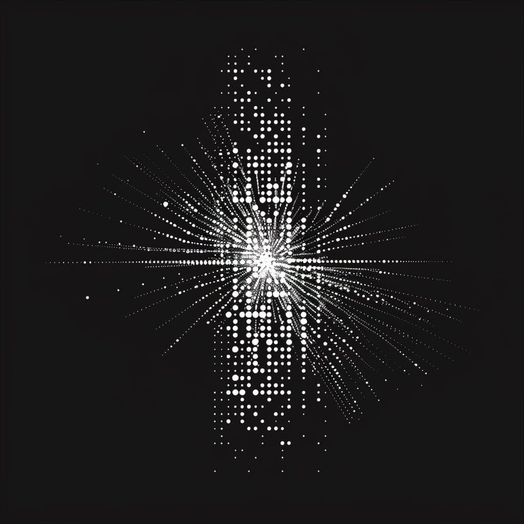 A black-and-white abstract digital illustration featuring a vertical column of white dots that burst outward from the center in a starburst pattern, resembling a data explosion or neural network visualization.