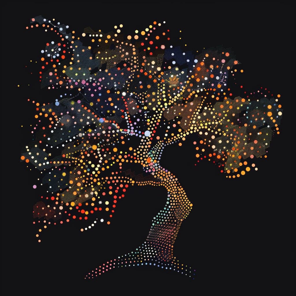 A digital pointillist illustration of a tree composed of thousands of small, multicolored dots against a black background. The canopy features warm autumnal tones like orange, red, and yellow, while the trunk incorporates cooler hues such as blue and purple.