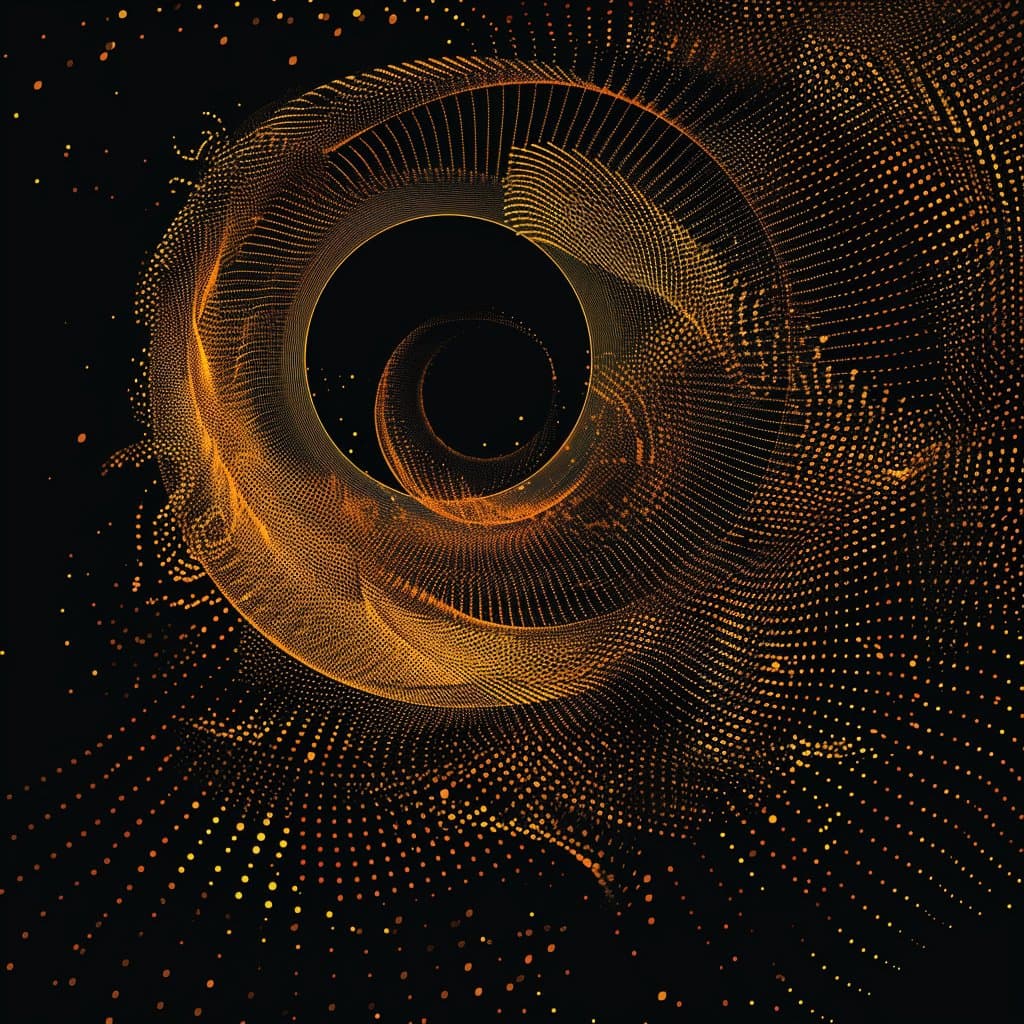 An abstract digital artwork featuring a swirling, spiral pattern made of golden and orange dots against a black background. The dots form a dynamic, three-dimensional vortex that draws the eye toward the center.
