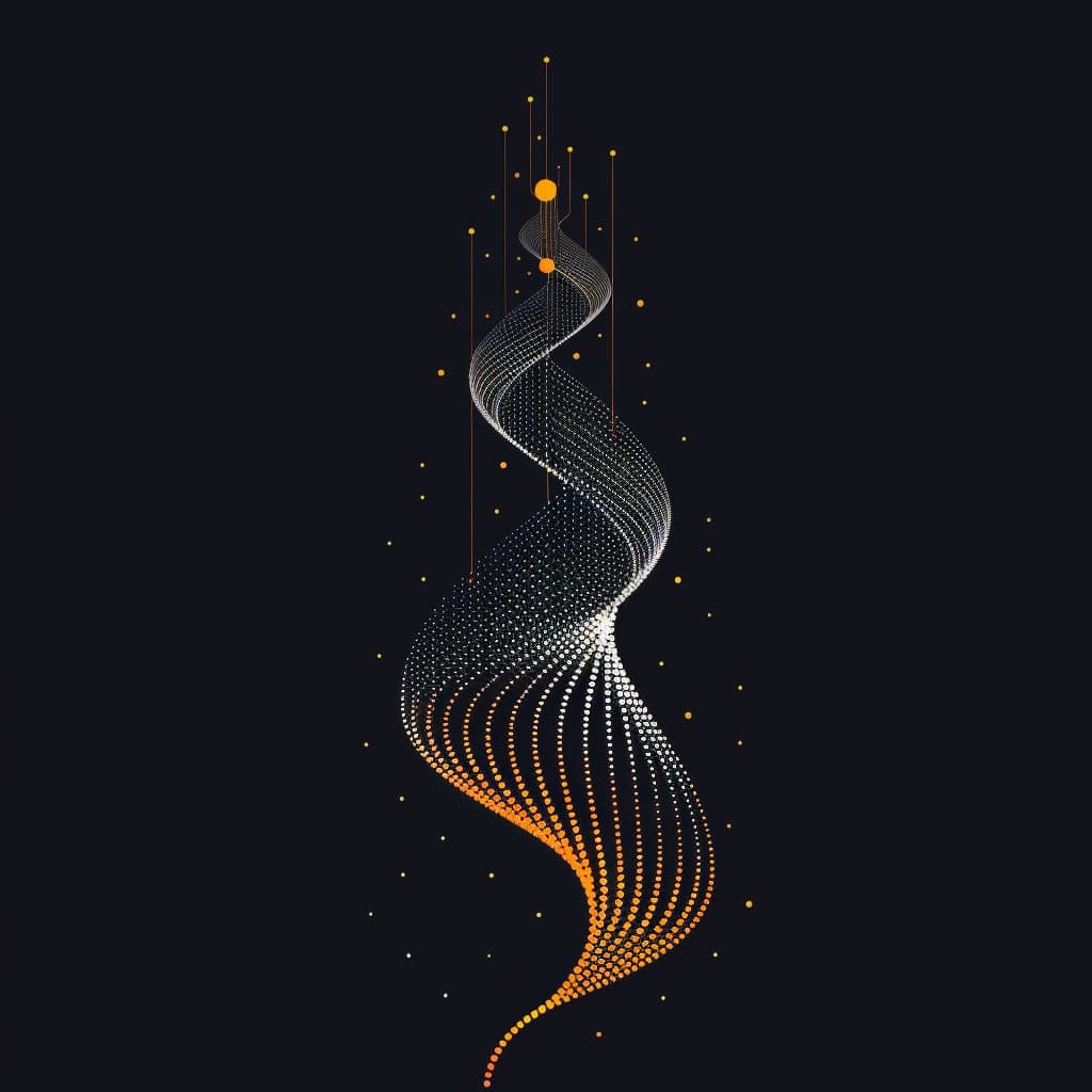 A digital abstract art piece featuring a vertical, twisting ribbon of white and orange dots against a black background. The structure resembles a stylized DNA helix or a particle stream, with scattered dots and thin vertical lines extending from the top.