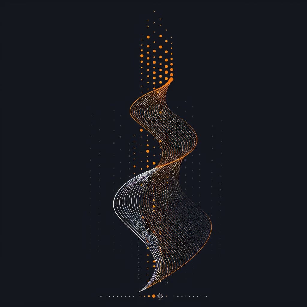 A digital abstract art piece featuring a vertical, S-shaped swirl composed of fine orange and white lines and dots against a dark background. The pattern transitions from a dense, ribbon-like structure at the bottom to a scattered cloud of dots at the top.