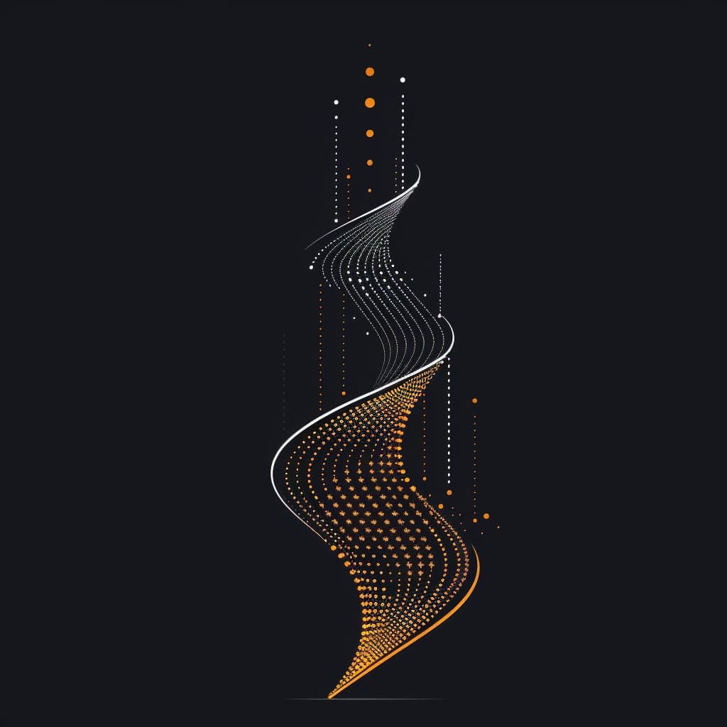 A digital art image featuring a swirling, abstract form made of white and orange dots against a black background. The dots create a flowing, ribbon-like shape that twists vertically through the center of the frame.