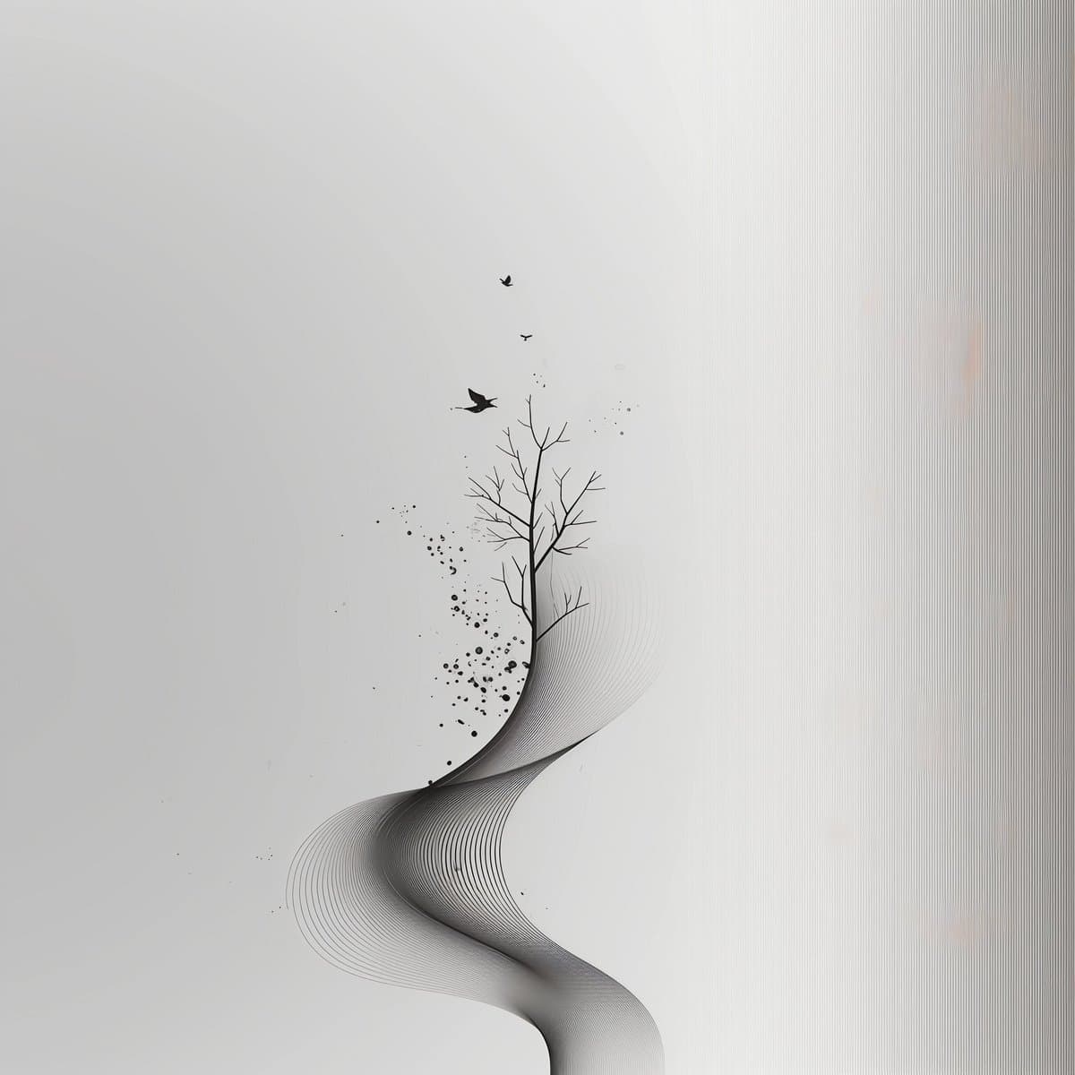 A minimalist black-and-white digital illustration depicting a bare tree growing from a flowing, wave-like line pattern, with birds flying upward and dissolving into dots. The image has a clean, abstract aesthetic on a light background.