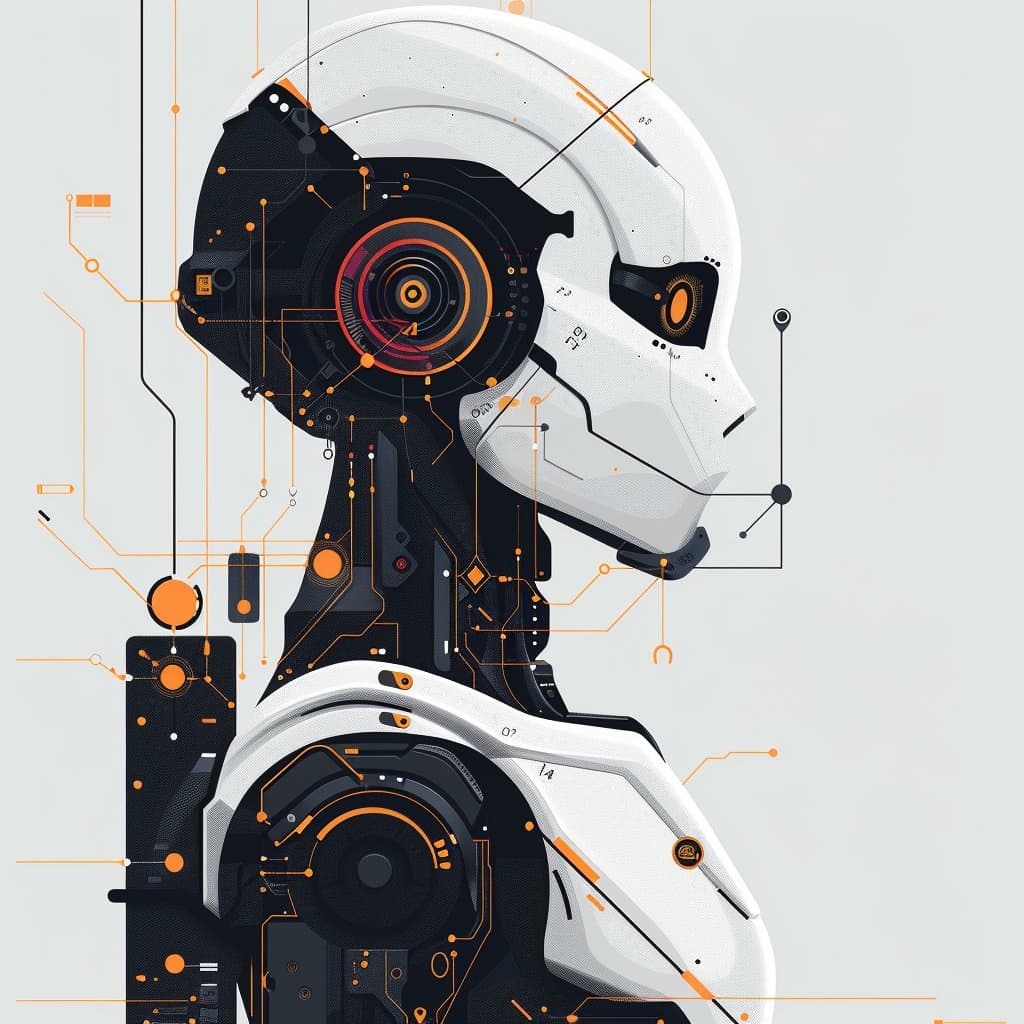 A digital illustration of a futuristic, robotic humanoid head and upper torso in profile, featuring white armor plating, exposed black mechanical components, and glowing orange circuitry lines. The design is sleek and technical, with a prominent circular optical sensor in the eye area and intricate wiring details throughout the neck and shoulder.