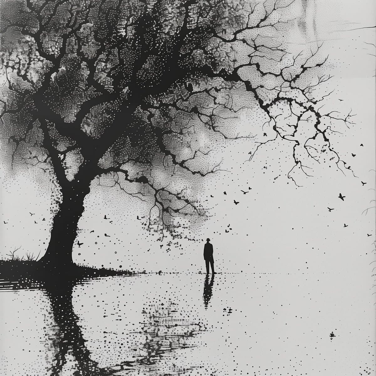 A black-and-white digital artwork depicting a solitary figure standing in a body of water beneath a large, sprawling tree with intricate, fractal-like branches. The scene is rendered in a stippled, pointillist style with birds flying in the sky and reflections visible on the water's surface.