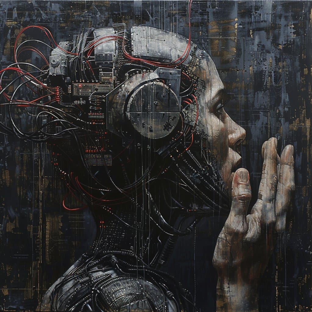 A digital artwork depicting a profile view of a human figure whose head and neck are replaced by intricate mechanical components, wires, and circuitry, with a raised hand in a contemplative gesture against a dark, textured background.