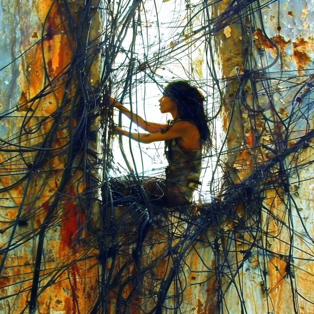 A person with long dark hair sits amidst a chaotic tangle of black wires against a backdrop of rusted, orange and white metal panels.