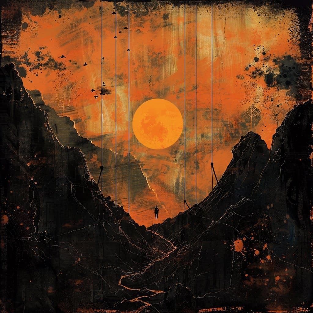A digital painting depicting a dark, rocky landscape with a large orange sun or moon in the sky. A small, silhouetted figure stands on a ridge between two mountains, with thin vertical lines hanging from the sky.