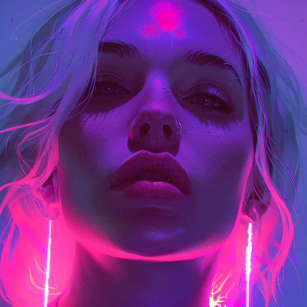 A digital art portrait of a person with light-colored hair, illuminated by vibrant pink and purple neon lighting. The image features a close-up view of the face with glowing highlights on the forehead and neck, creating a futuristic, cyberpunk aesthetic. The person has a nose ring and is looking directly at the viewer with a neutral expression.