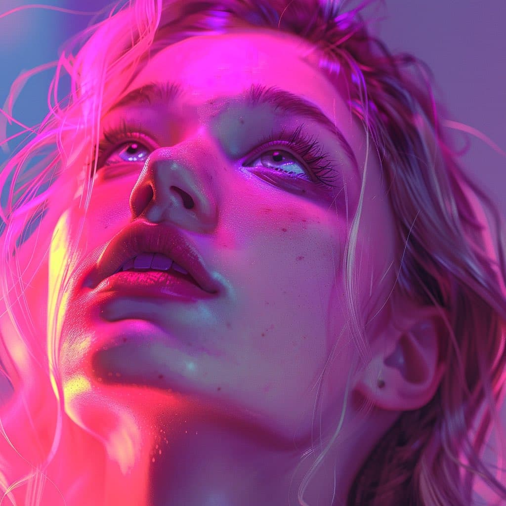 A close-up, stylized portrait of a person with light-colored hair, illuminated by vibrant pink and purple neon lighting. The subject is looking upward with their mouth slightly open, creating a dramatic and artistic effect.