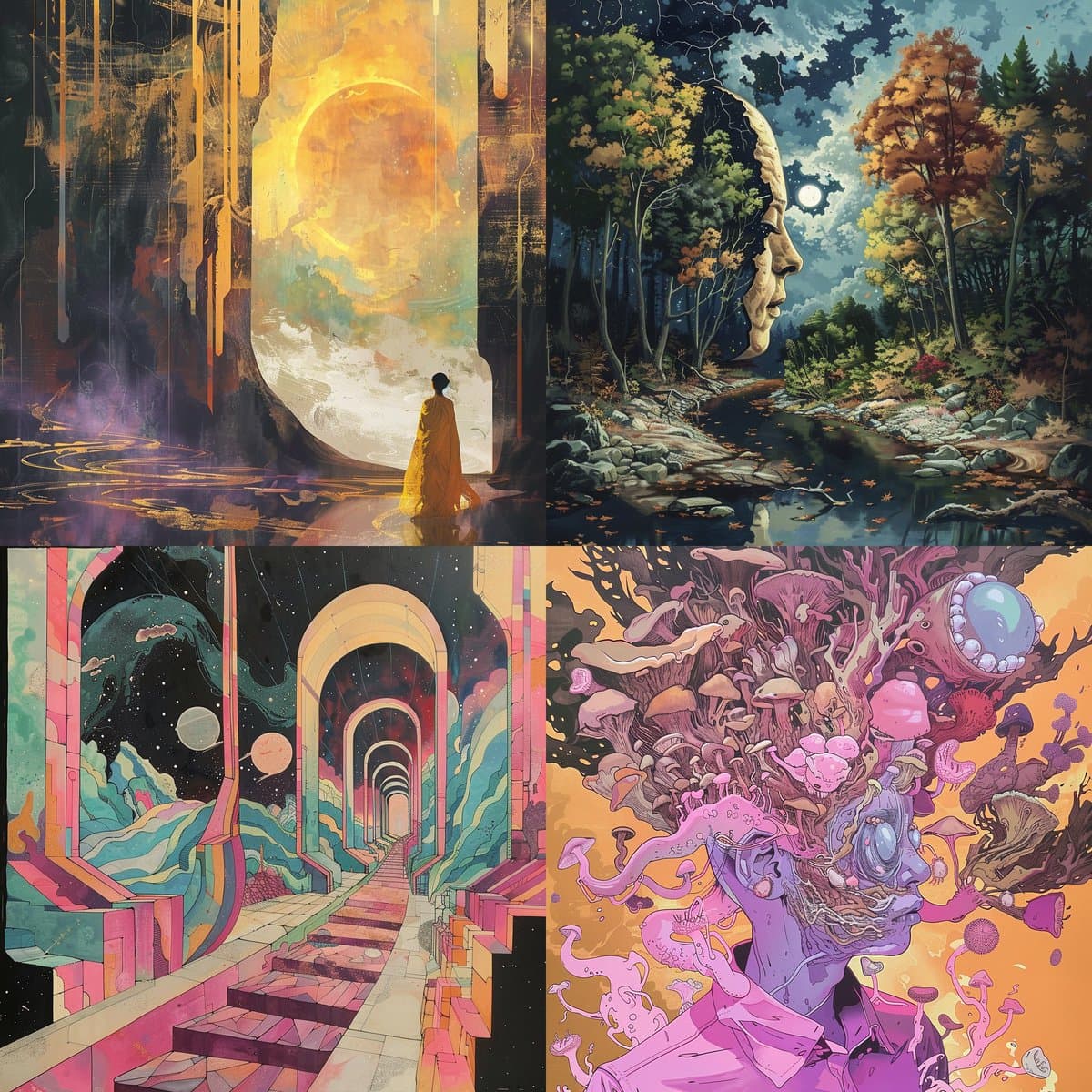 A four-panel grid of surreal digital artworks featuring a figure in a yellow robe, a face formed by trees, a colorful staircase leading to space, and a figure with a mushroom head. The images are presented as a collage without any visible text.