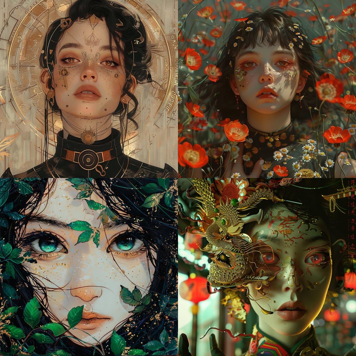 A four-panel collage of stylized digital portraits, each featuring a different artistic theme: a steampunk-inspired face with mechanical details, a face surrounded by red poppies, a face intertwined with green leaves, and a face adorned with an ornate golden dragon headdress. The images appear to be AI-generated art pieces.