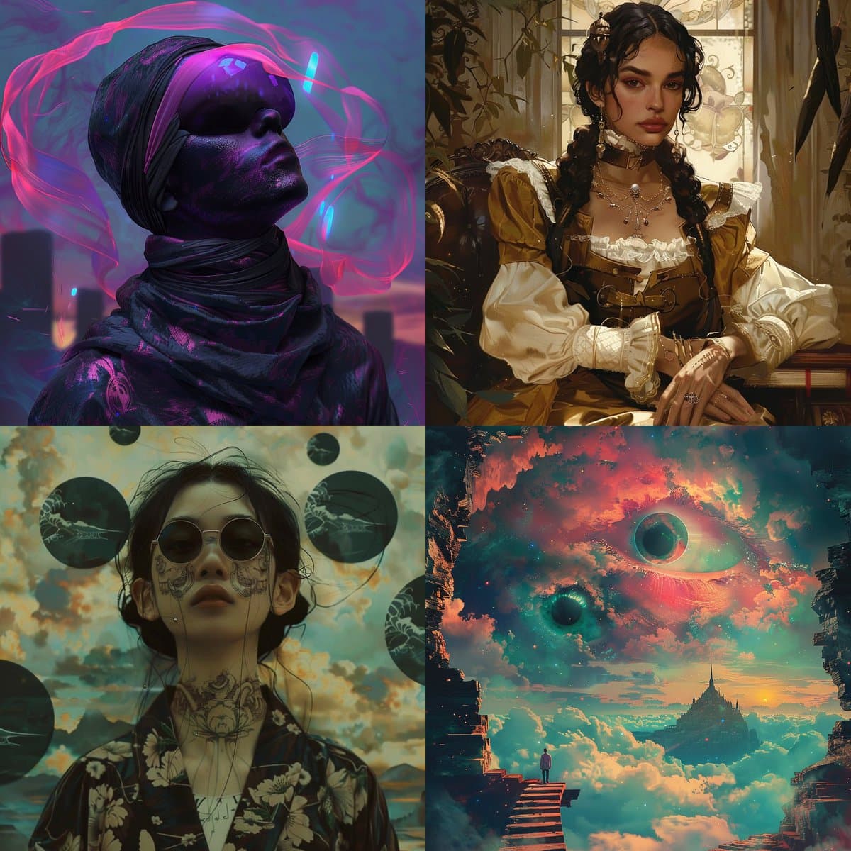 A four-panel grid of AI-generated digital art featuring a futuristic figure with glowing eyes, a woman in a vintage dress, a woman with facial tattoos and sunglasses, and a surreal landscape with giant eyes in the clouds. The post text asks viewers to guess the prompt used to create the images.