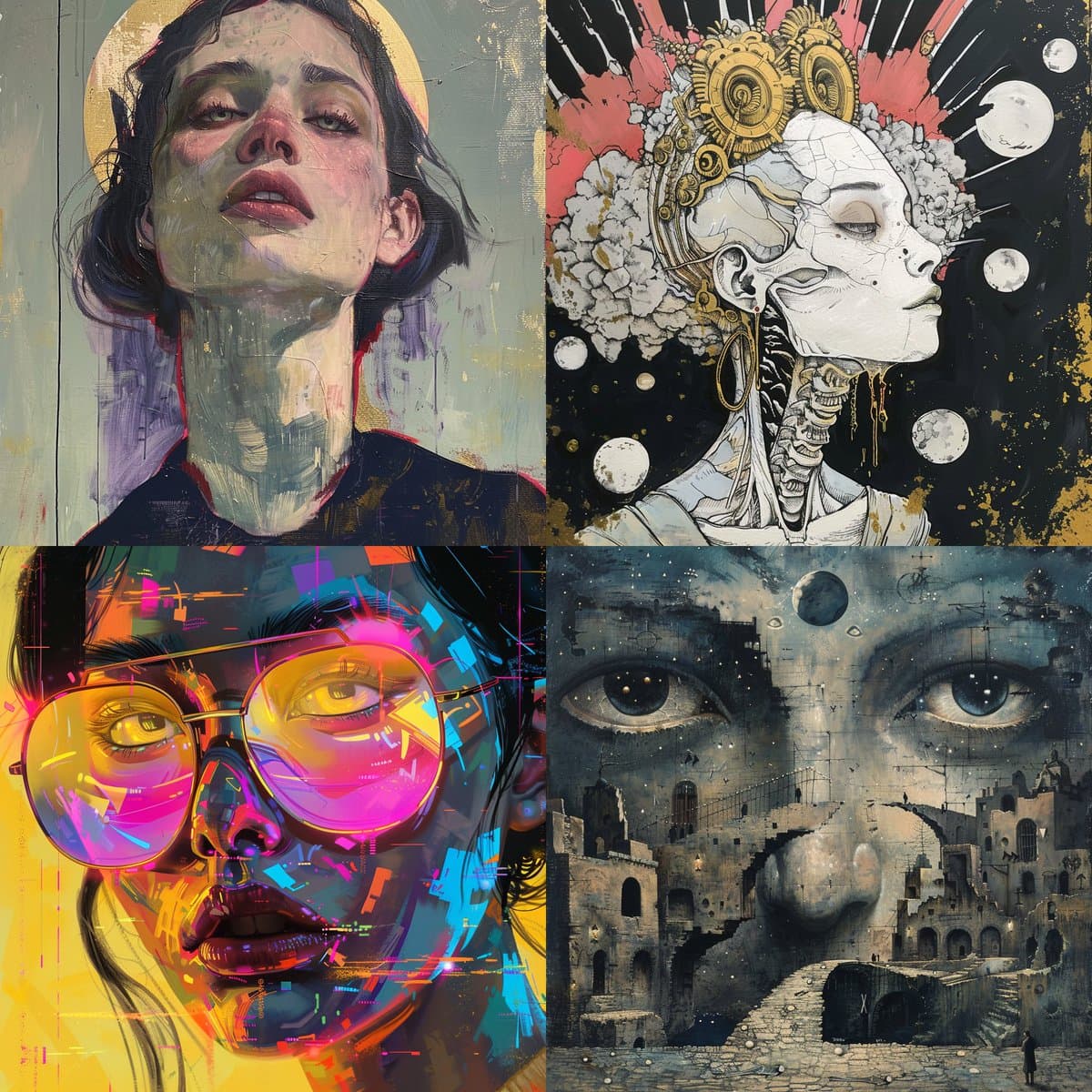 A four-panel grid of surreal digital artworks featuring stylized portraits and a face integrated into a cityscape. The images showcase various artistic styles, including painterly, mechanical, glitch art, and architectural fusion. The post text suggests these are AI-generated images created from a specific prompt.