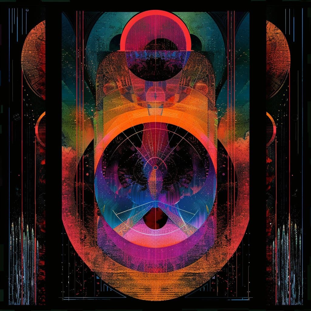 A vibrant, abstract digital artwork featuring a symmetrical, totem-like composition of overlapping geometric shapes, including circles and arches, in neon red, orange, and purple tones against a dark background. The image has a grainy, glitch-art aesthetic with vertical line artifacts and a cosmic, starry texture.
