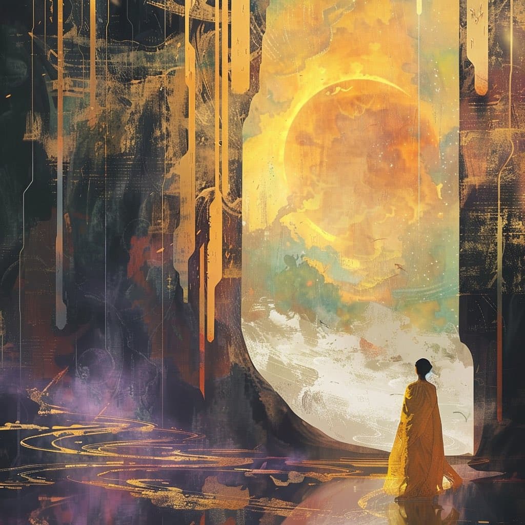 A digital artwork depicting a figure in a yellow robe standing before a large, glowing celestial body in a surreal, textured landscape. The scene features abstract, dripping paint effects and a mix of warm and cool colors.