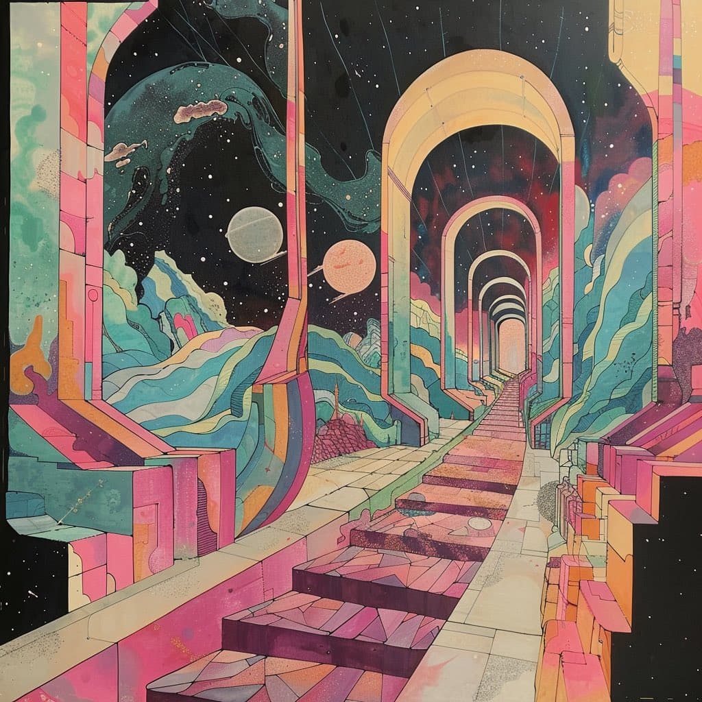 A vibrant, surreal digital illustration depicting a staircase leading through a series of archways into a cosmic landscape filled with planets and stars. The artwork features a pastel color palette of pinks, purples, and teals, creating a dreamlike, otherworldly atmosphere.