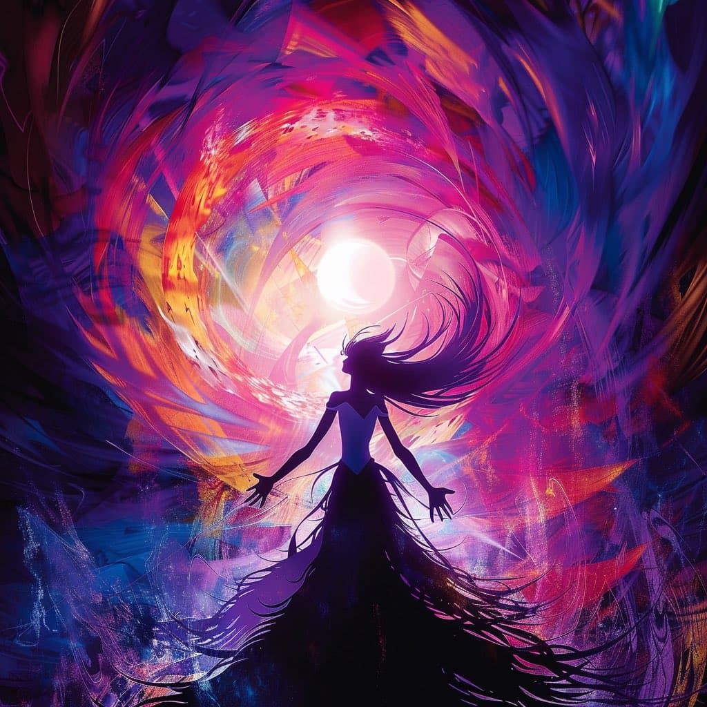 A vibrant digital illustration depicting a silhouetted figure with flowing hair standing with arms outstretched, surrounded by a swirling vortex of pink, purple, and orange light. The artwork features a bright, glowing orb at the center of the vortex, creating a mystical and energetic atmosphere.