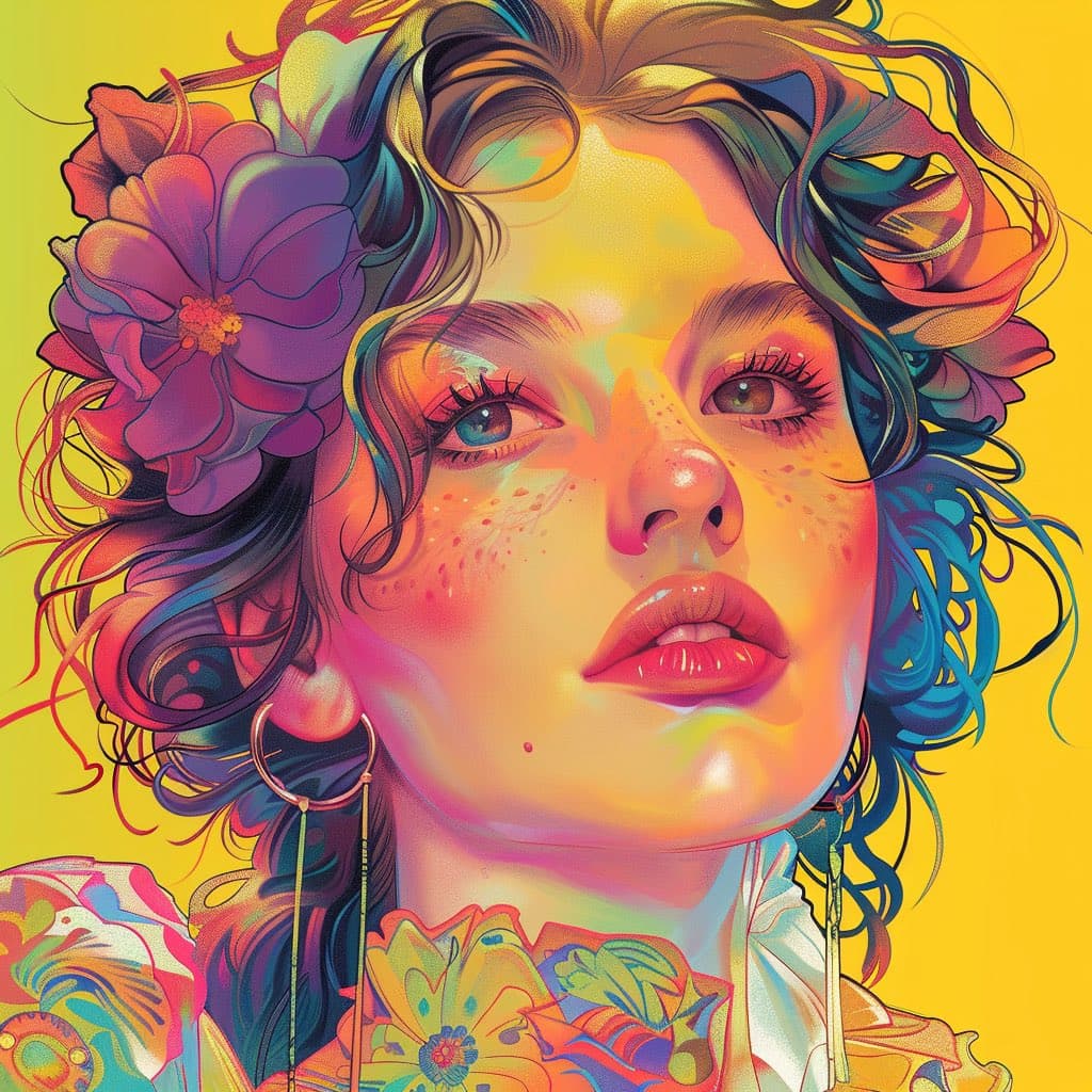 A vibrant, stylized digital illustration of a person with colorful, curly hair adorned with large flowers, set against a bright yellow background. The artwork features bold, saturated colors and a pop-art aesthetic.