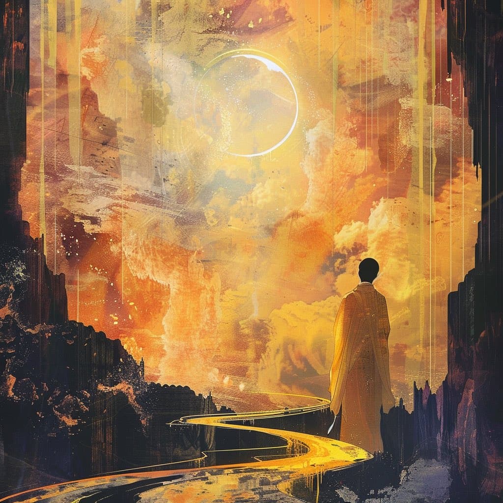 A digital painting depicts a robed figure standing on a winding, glowing path between dark cliffs, looking up at a large, luminous celestial body in a vibrant, golden-orange sky filled with clouds and vertical light streaks.