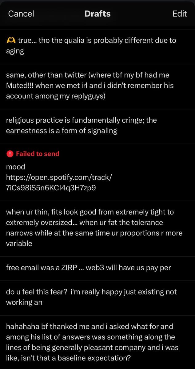 A screenshot of a mobile app's 'Drafts' screen, showing a list of several unfinished text messages or posts. The interface has a dark theme with a top bar containing 'Cancel', 'Drafts', and 'Edit' buttons.