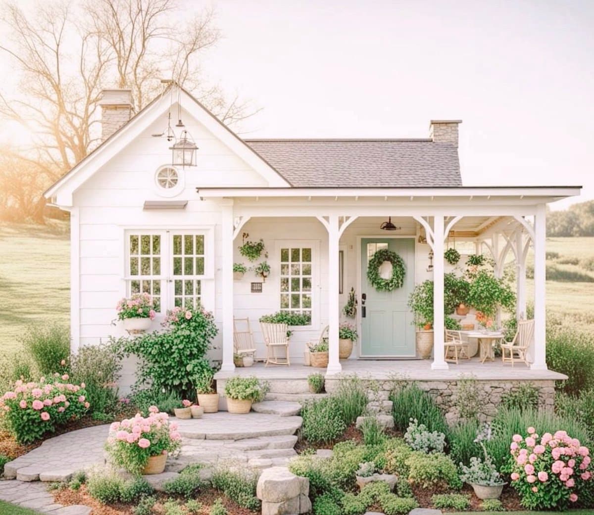 A photograph of a charming white cottage with a covered front porch, featuring a light blue door, a green wreath, and a stone walkway surrounded by blooming pink roses and lush greenery. The scene is bathed in soft, warm sunlight, creating a peaceful and inviting atmosphere.