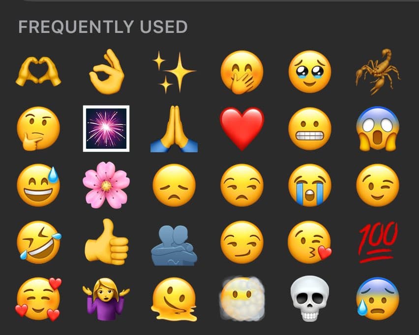 A screenshot of a smartphone's emoji keyboard showing the 'Frequently Used' section, which contains a grid of 30 emoji icons including faces, hands, objects, and a scorpion.