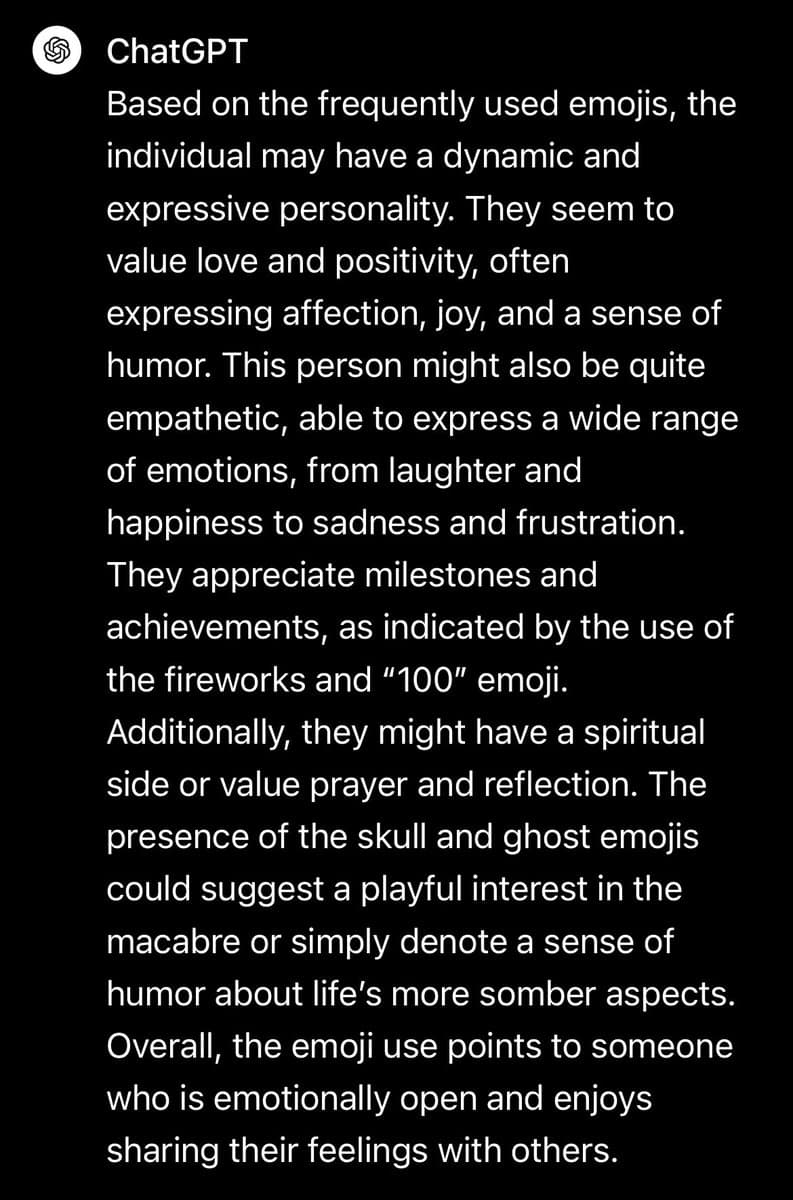 A screenshot of a ChatGPT text response on a black background, analyzing a person's personality based on their emoji usage. The text describes the individual as dynamic, expressive, empathetic, and emotionally open.