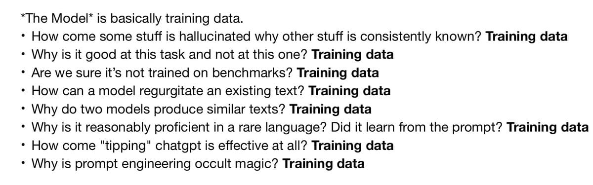A text-based image listing several questions about large language model behavior, each followed by the bolded answer "Training data."