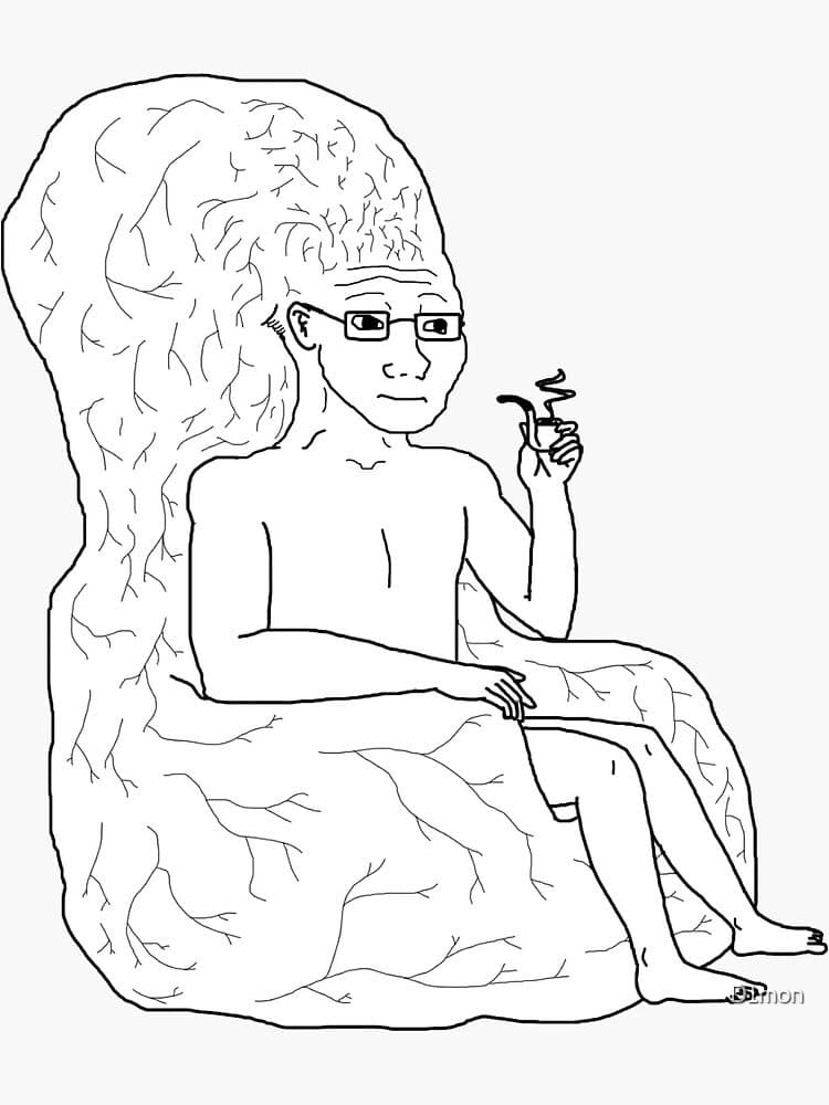 A black-and-white line drawing of a person with glasses sitting in a chair and smoking a pipe. The person and the chair are depicted as being made of or covered in a mass of tangled, root-like or hair-like fibers.