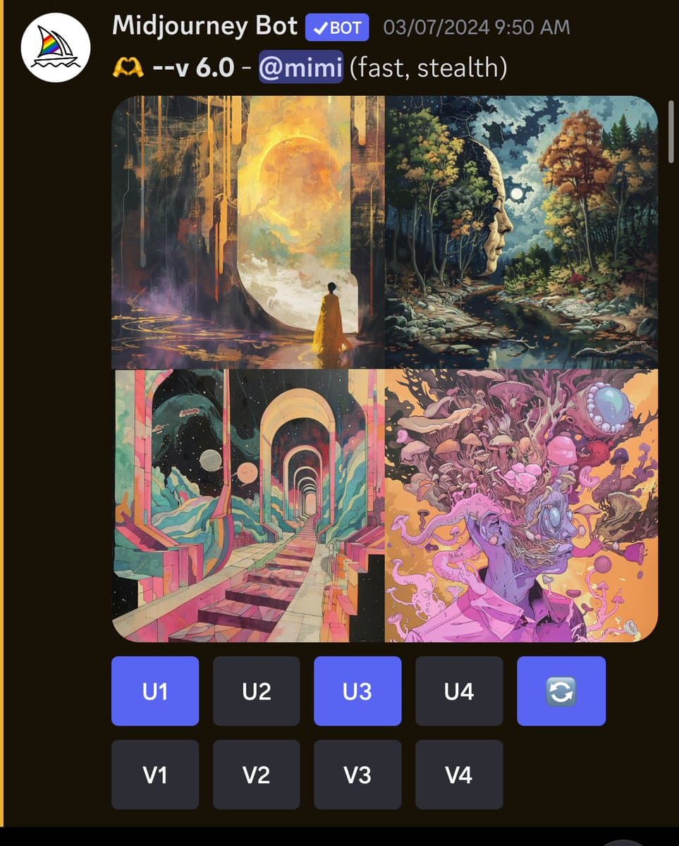 A screenshot of a Midjourney Bot post on Discord showing a 2x2 grid of four fantasy digital artworks. Below the images are interactive buttons labeled U1-U4 and V1-V4 for upscaling and variation options.