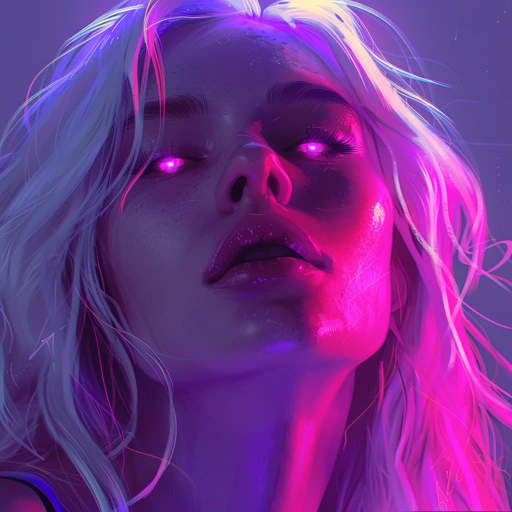 A digital illustration of a person with long, light-colored hair and glowing purple eyes, illuminated by vibrant pink and purple neon lighting. The image has a stylized, cyberpunk aesthetic with a close-up focus on the face.
