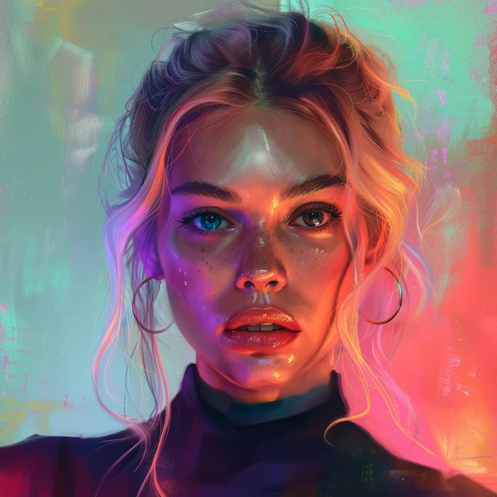 A digital painting of a young woman with wavy blonde hair, freckles, and hoop earrings, illuminated by vibrant pink and blue neon lighting against a textured background. She is wearing a dark turtleneck and looking directly at the viewer with a neutral expression. The image has a stylized, artistic aesthetic with strong color contrasts.