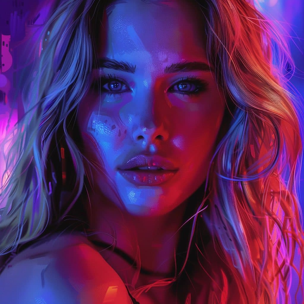 A digital art portrait of a young woman with long, wavy blonde hair, illuminated by vibrant neon blue and pink lighting. The image has a futuristic, cyberpunk aesthetic with a close-up focus on her face.