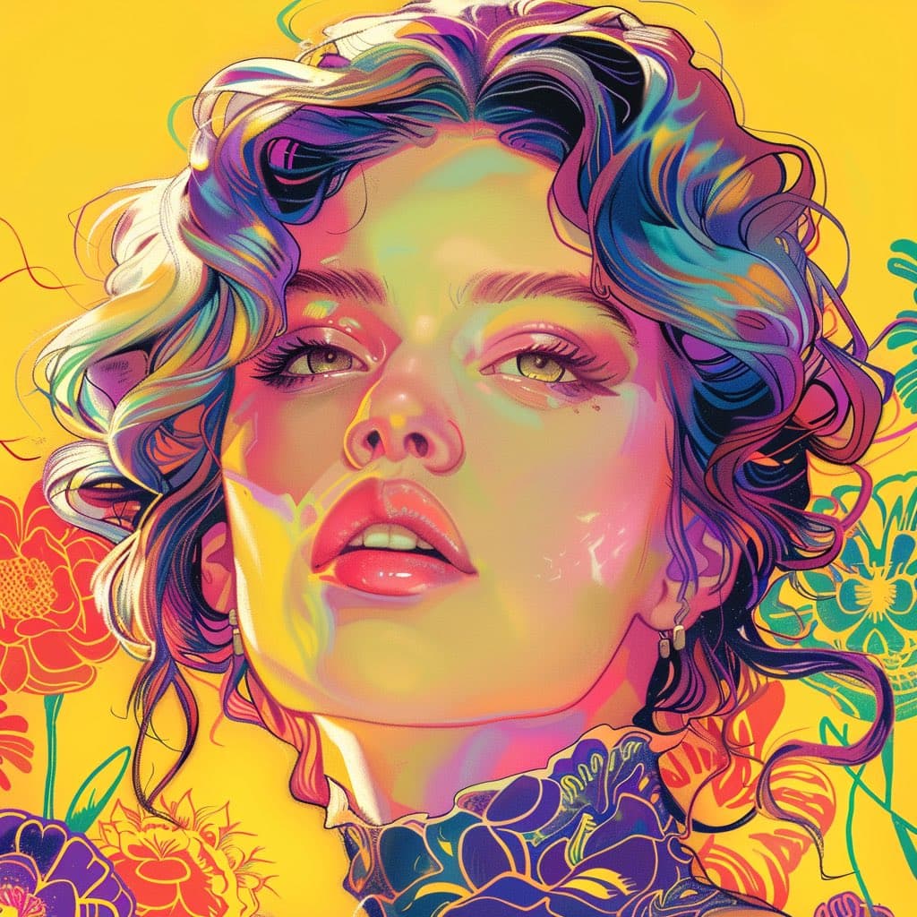 A vibrant, psychedelic digital illustration of a person with wavy, multicolored hair and a floral patterned top, set against a bright yellow background with stylized flowers.