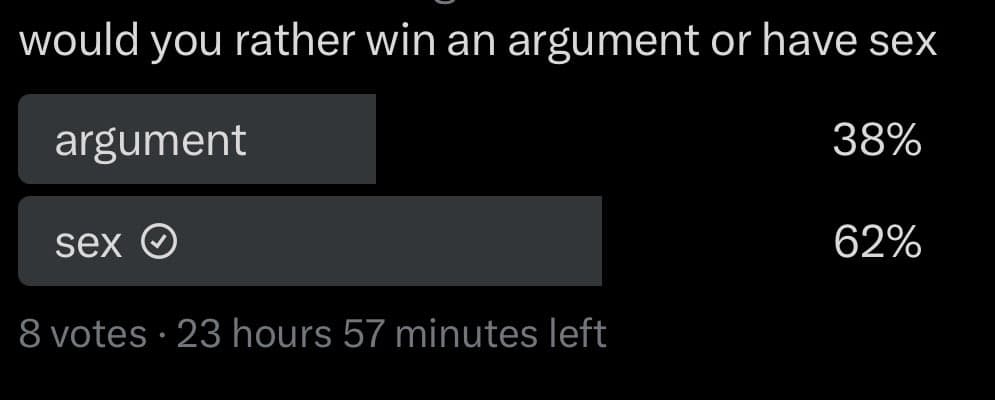 A screenshot of a social media poll asking users to choose between winning an argument or having sex. The poll shows 38% voted for 'argument' and 62% voted for 'sex', with a total of 8 votes and 23 hours 57 minutes remaining.