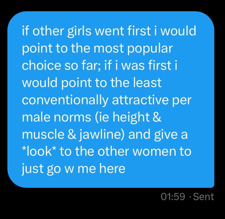 A screenshot of a text message bubble on a black background. The blue bubble contains white text describing a hypothetical scenario about choosing a partner. Below the bubble, a timestamp reads '01:59 · Sent'.